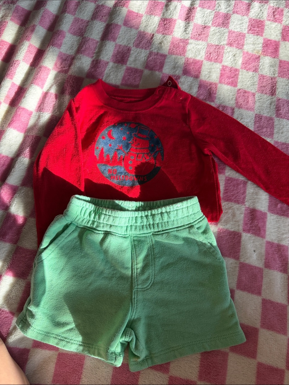 Red Snowman Sweatshirt and Mint Green Shorts Set
